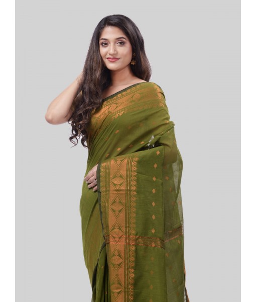 DESH BIDESH Women`s Bengal Cotton Silk Pure Handloom Cotton Saree Kohinoor Work With Blouse Piece(Green)